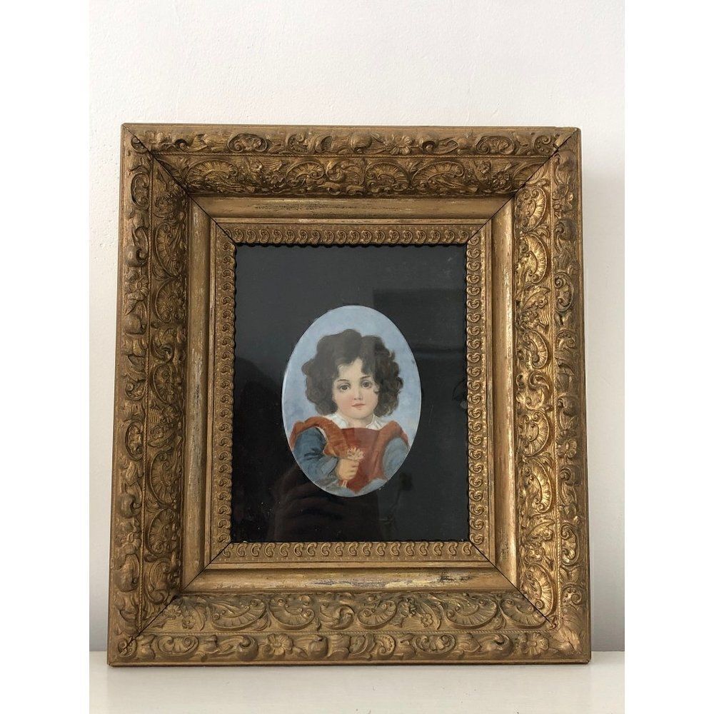 Antique Victorian Little Child with Flower Dresden Germany 1901 Framed